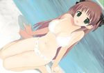  amatsuka_haruka baby_princess barefoot beach bikini blush bow breasts brown_hair cleavage day dutch_angle feet green_eyes hair_bow kneeling kusaka_souji large_breasts long_hair outdoors solo swimsuit water white_bikini 