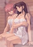  black_eyes black_hair blush breasts impossible_towel large_breasts long_hair mogudan multiple_girls naked_towel purple_eyes raquel_casull red_hair scrapped_princess senes_giat short_hair sitting towel 