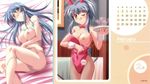  ahoge alcohol animal_ears bangs bare_shoulders bed blue_hair blush bow bowtie bra bra_lift breast_hold breast_slip breasts bunny_ears bunnysuit calendar_(medium) crossed_arms crossover cup drink drinking_glass ecchi_na_bunny-san_wa_kirai? ecchi_na_bunny-san_wa_kirai?_2 fake_animal_ears february fishnet_pantyhose fishnets from_above green_bra green_panties indoors kasuga_madoka large_breasts leotard leotard_pull lingerie long_hair lying multiple_girls name_tag naughty_face no_bra no_pussy official_art on_side one_breast_out one_eye_closed panties panty_pull pantyhose pink_eyes ponytail sagara-san'chi_no_etsuraku_life sagara_arisa smile standing strap_slip sweat tray underwear undressing waitress wine wine_glass wrist_cuffs yamane_masahiro yellow_eyes 