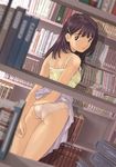  ass back blurry book brown_eyes brown_hair butt_crack camisole copyright_request depth_of_field dutch_angle hair_ornament hairclip jpeg_artifacts library long_hair looking_back panties skirt skirt_lift solo standing tayama_mamito underwear white_panties 
