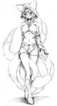  animal_ears blush boots breasts claws covered_nipples fox_tail greyscale hood katzeh medium_breasts midriff monochrome shorts solo tail touhou yakumo_ran 