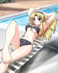  arms_behind_head bad_feet barefoot bikini blonde_hair breasts chair drinking_straw feet grune headdress impact_shizu katan lounge_chair lying medium_breasts mouth_hold navel on_back pool poolside purple_eyes solo swimsuit underboob 