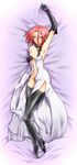  arm_up armpits bed bed_sheet black_legwear blush choker cross dakimakura dress elbow_gloves flat_chest full_body gloves green_eyes harusawa_yoshino high_heels highres lace legs megami_ibunroku_devil_survivor navel no_panties off_shoulder red_hair segami_daisuke shoes short_hair side_slit single_shoe solo tattoo thighhighs unzipped zipper 