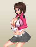  1girl belt blue_eyes braid breasts brown_hair celestial_being_extra covered_nipples gloves gundam gundam_00 jacket large_breasts midriff miniskirt navel open_clothes open_shirt photoshop_(medium) rokuichi shirt short_hair single_braid skirt smile solo 