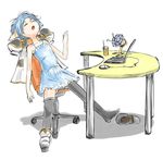  animal_ears bare_shoulders black_legwear blue_hair blue_skirt boots chair closed_eyes computer dress drink electric_fan galaxy_angel laptop mint_blancmanche mouse_(computer) nyama open_mouth shoes short_hair single_shoe sitting skirt sleeping sleeping_upright solo table thighhighs zettai_ryouiki 