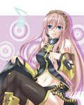  blue_eyes blue_hair boots eighth_note hairband long_hair megurine_luka musical_note pink_hair shino_(moment) sitting solo thighhighs vocaloid 