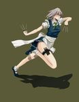  absurdres between_fingers braid glowing glowing_eyes highres izayoi_sakuya knife maid maid_headdress mary_janes red_eyes running shadow shoes short_hair silver_hair socks solo thigh_strap touhou twin_braids weapon_in_garters yammy_(cellblo) 