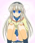  blue_eyes clannad hairband hikarizaka_private_high_school_uniform marimo_(artist) oekaki panties pantyshot pantyshot_(squatting) sakagami_tomoyo school_uniform silver_hair socks solo squatting underwear 