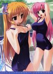  2girls absurdres armpits arms_up black_eyes blonde_hair braid breast_envy breasts calendar_(medium) cleavage copyright_request flat_chest highres july large_breasts long_hair multiple_girls one-piece_swimsuit pink_hair pool pulled_by_self purple_eyes scan school_swimsuit shintarou side_braid swimsuit swimsuit_pull very_long_hair 
