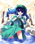  :d backpack bag blue_eyes blue_hair blush hat kawashiro_nitori open_mouth shin_(new) smile solo touhou two_side_up wading water 
