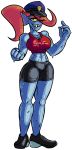  alpha_channel big_breasts blue_skin blush breasts cleavage clothed clothing deltarune female fish fist footwear gills hair hat long_hair looking_at_viewer marine midriff navel one_eye_closed police_hat ponytail red_hair sharp_teeth shirt shoes signature simple_background solo spats spur sweat tank_top teeth transparent_background undertale undyne video_games wink yellow_sclera 