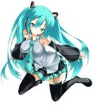  aqua_eyes bare_shoulders blue_hair blush hatsune_miku long_hair nana_(artist) necktie skirt solo thighhighs twintails vocaloid 