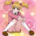  brown_eyes eyelashes fresh_precure! haruyama_kazunori lowres momozono_love panties pantyshot pink_scrunchie precure public_yotsuba_middle_school_uniform red_eyes school_uniform scrunchie sitting skirt smile socks solo twintails underwear 