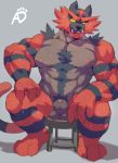  3_fingers 3_toes abs animal_genitalia anthro ashendawger balls black_fur breath front_view fur grey_background incineroar male muscular muscular_male nintendo nipples nude pecs penis penis_tip pok&eacute;mon pok&eacute;mon_(species) red_fur sheath simple_background sitting stripes sweat teeth toes video_games 