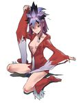  boots breasts center_opening cleavage feathers headdress hood hoodie karuranabaru kuzuryuu_amane long_sleeves medium_breasts megami_ibunroku_devil_survivor purple_eyes purple_hair short_hair solo sweatdrop unzipped 