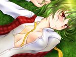 blush breasts breasts_apart grass green_hair happa16 kazami_yuuka large_breasts lying on_back open_clothes open_shirt plaid plaid_vest red_eyes ribbon shirt short_hair solo touhou untied vest 