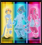  2girls azelf blueflamer90 closed_eyes forehead_jewel full_body gen_4_pokemon highres lineup mesprit multiple_girls no_humans personification pokemon standing uxie yellow_eyes 