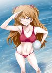  ball bikini blue_eyes blush brown_hair day long_hair nakahira_guy neon_genesis_evangelion ocean one_eye_closed shading_eyes slender smile solo souryuu_asuka_langley sports_bikini swimsuit volleyball wings 