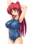  armpits blush breasts brown_eyes cowboy_shot huge_breasts kousaka_tamaki long_hair one-piece_swimsuit one_eye_closed red_hair school_swimsuit skin_tight solo stretch swimsuit to_heart_2 yellow_eyes zekkyon 