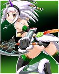  ass axe back bad_id bad_pixiv_id dual_wielding elbow_gloves gloves grin holding horn kirin_(armor) long_hair monster_hunter pochi_(pochi-goya) shiny smile solo thighhighs weapon 