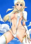  bad_id bad_pixiv_id blonde_hair blue_eyes blush breasts bridal_gauntlets cloud day earrings elf hand_on_hip jewelry large_breasts long_hair original pochi_(pochi-goya) pointy_ears shiny shiny_skin sidelocks sky slingshot_swimsuit smile solo sun swimsuit thighhighs white_legwear 