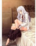  bad_knees bangs barefoot bed black_skirt blanket blurry blush border bottomless breasts caren_hortensia cross_print depth_of_field eyebrows_visible_through_hair fate/hollow_ataraxia fate/stay_night fate_(series) feet floor full_body hair_strand highres holding_clothes indoors knee_up long_hair long_sleeves looking_at_viewer miniskirt neck_ribbon on_bed pillarboxed plantar_flexion red_neckwear red_ribbon ribbon running_bond shirt sitting skirt skirt_around_ankles sleeves_past_wrists small_breasts solo takeuchi_takashi undressing wall wavy_hair white_border white_hair white_shirt yellow_eyes 