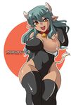 2009 animal_ears areolae bad_id bad_pixiv_id bell bell_collar blue_hair breast_slip breasts collar copyright_request cow_ears cow_girl cow_tail curvy dark_skin horns lactation large_breasts leotard long_hair new_year nipples niwacho one_breast_out solo tail thighhighs wide_hips 