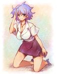  blue_hair breasts copyright_request hair_tousle high_heels huge_breasts jewelry kneeling momiji_mao necklace pencil_skirt shoes short_hair skirt solo 