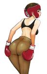  ass ass_grab back-seamed_legwear blush boxing_gloves boxing_headgear brown_eyes brown_hair crotch_seam from_behind kazaana looking_back original panties panties_under_pantyhose pantyhose seamed_legwear simple_background solo sports_bra underwear underwear_only 