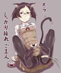  animal_ears arm_support bad_anatomy brown_hair cat_ears cat_food cat_tail cat_teaser crotch_seam feet frown glasses ina_(gokihoihoi) legs legs_up original panties panties_under_pantyhose pantyhose pov_feet short_hair sitting skirt soles solo tail tail_wagging toes translated underwear 