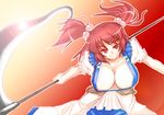  breasts cleavage huge_breasts mabuchoco_m onozuka_komachi red_eyes red_hair scythe smile solo touhou two_side_up 