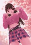  belt brown_hair long_hair midriff navel panties pantyshot pink_panties plaid plaid_skirt skirt sweater underwear upskirt wink 