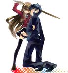  1girl abaraya aisaka_taiga bad_id bad_pixiv_id bokken long_hair oohashi_high_school_uniform school_uniform sword takasu_ryuuji thighhighs toradora! weapon wooden_sword zettai_ryouiki 