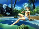  90s alcohol aqua_hair artist_request earrings jewelry navel pool ryouko_(tenchi_muyou!) sake scenery sidelocks silver_hair sitting smile solo spiked_hair tenchi_muyou! topless tree 