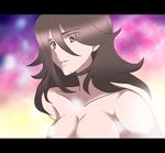  bad_id bad_pixiv_id breasts brown_eyes brown_hair cleavage closed_mouth collarbone expressionless gundam gundam_00 hair_between_eyes large_breasts nico_(artist) out-of-frame_censoring solo sumeragi_lee_noriega topless upper_body 