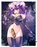  bow bread breasts cleavage dominatrix elbow_gloves food gloves highres ichio large_breasts long_hair no_panties patchouli_knowledge pink_bow purple_hair solo thighhighs touhou 