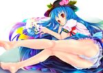  barefoot blue_hair feet food fruit hat hinanawi_tenshi leaf long_hair panties peach red_eyes solo teruru touhou underwear very_long_hair 