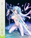  absurdres akinoko blue_eyes blue_hair bodysuit breasts copyright_request flower highres large_breasts long_hair navel petals solo sword weapon 