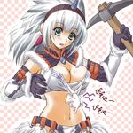  bite_mark blood blush breasts cleavage elbow_gloves gameplay_mechanics gloves green_eyes hairband horn khezu kirin_(armor) medium_breasts monster_hunter pickaxe riolabo silver_hair tank_top 