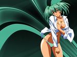  :o ahoge bangs blush breasts buttons cleavage collarbone collared_shirt contrapposto covering covering_one_breast cowboy_shot dress_shirt earrings green_background green_eyes green_hair green_panties hair_between_eyes hair_tie head_tilt ikkitousen ikkitousen_great_guardians jewelry large_breasts leaning_to_the_side legs_apart long_sleeves looking_at_viewer magatama magatama_earrings no_bra no_pants official_art open_clothes open_shirt panties parted_lips rin-sin ryofu_housen shiny shiny_hair shiny_skin shirt solo standing tan thighs twintails unbuttoned underwear upper_body wallpaper white_shirt 