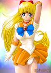  aino_minako arm_up big_breasts bishoujo_senshi_sailor_moon blonde_hair blue_eyes breasts elbow_gloves gloves large_breasts long_hair onoe panties sailor_fuku sailor_venus school_uniform serafuku underwear 