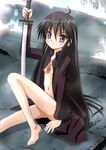  ahoge alastor_(shakugan_no_shana) bad_id bad_pixiv_id barefoot black_hair coat feet jewelry jingorou long_hair open_clothes open_shirt pendant shakugan_no_shana shana shirt sword weapon 