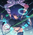  bikini_bottom breasts cable crop_top cyborg elbow_gloves eyepatch ghost_in_the_shell gloves glowing head_mounted_display headband holographic_interface internet kasai_shin kusanagi_motoko large_breasts midriff neon_lights purple_hair red_eyes short_hair solo thighhighs 