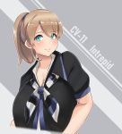  1girl black_shirt blue_eyes blush bow bowtie breasts brown_hair character_name cleavage collarbone cropped_torso grey_background intrepid_(kantai_collection) kantai_collection large_breasts light_brown_hair long_hair looking_at_viewer medium_hair open_clothes open_shirt ponytail ryuun_(stiil) shirt short_sleeves simple_background smile solo striped striped_background striped_neckwear two-tone_background upper_body 