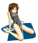  arm_support barefoot blue_eyes brown_hair cameltoe competition_swimsuit covered_nipples flat_chest hair_ribbon highleg highleg_swimsuit kneeling legs long_hair one-piece_swimsuit original ribbon solo swimsuit tk4 twintails 