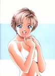  areolae artbook blue_eyes breasts brown_hair covering covering_breasts highres kasuga_urara lipstick makeup nipple_slip nipples nude original sakura_tsuushin short_hair small_breasts solo tan tanline u-jin 