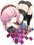  armlet ass bent_over black_legwear blue_eyes blue_nails boots checkered checkered_floor headphones knee_boots long_hair megurine_luka microphone microphone_stand midriff mikoto_akemi nail_polish naughty_face perspective pink_hair side_slit skirt solo tattoo thighhighs vocaloid 