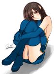  blue_footwear boots brown_eyes brown_hair elbow_gloves gloves leg_hug original panties pantyshot pantyshot_(sitting) short_hair signature sitting sketch solo thighhighs underwear yukihiro 