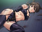  bdsm blue_eyes bondage bound brown_hair chastity_belt collar floor game_cg garter_belt kagura_risa leather lock lying monoglove noise_(eroge) on_side open_mouth padlock pussy pussy_juice slave solo sweat tears thighhighs welts whip_marks 
