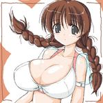  backpack bag black_eyes blush breasts brown_hair copyright_request huge_breasts long_hair lowres miyata_gakuman solo source_request twintails 
